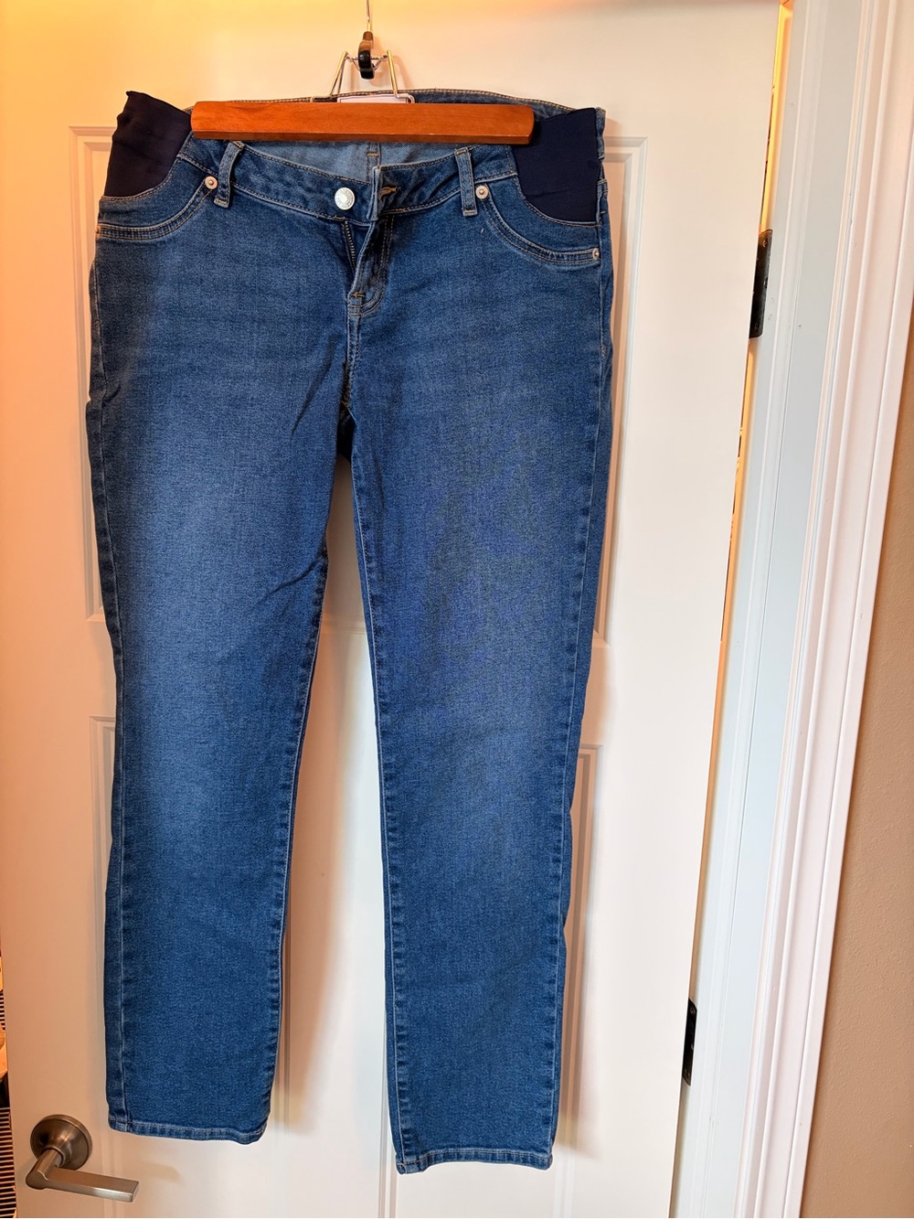 Dark Blue Maternity Straight Leg Jeans with Stretch Waistband, long inseam
